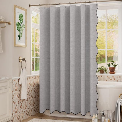 Bathway Modern Scalloped Shower Curtain Linen Textured, Light Gray Shower Curtain Set with 12 Metal Hooks, Neutral Cute Elegant Shower Curtain with Black Border for Bathroom, 72x72 Inches