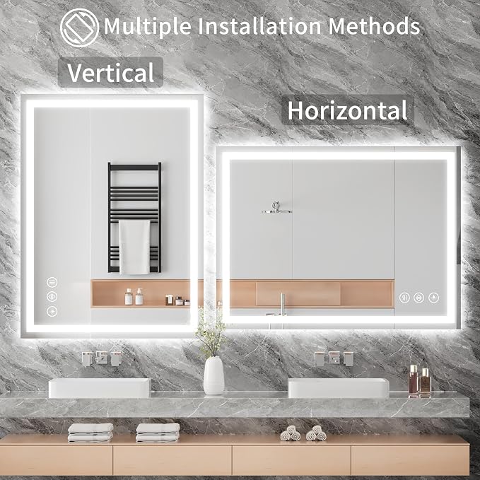 Koonmi 48x32 LED Bathroom Mirror, Shatterproof Mirror with Light | 90CRI Vanity Mirror with Anti-fog Backlit + Front Lit, 3 Color, Easy Install for Bathroom Hotel (IP65)