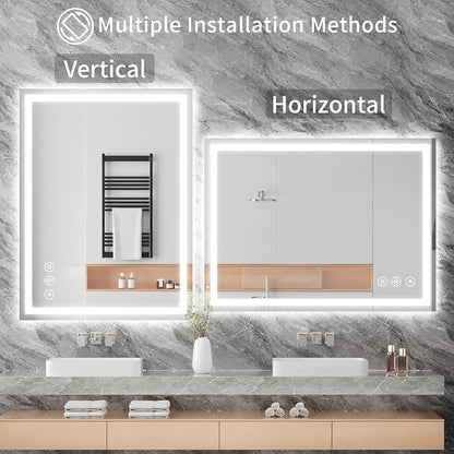 Koonmi 40x30 LED Bathroom Mirror with Light, Anti-Fog, 3 Colors | Backlit + Front Lit, Dimmable Brightness, Shatterproof HD Distortion-Free Tempered Glass, Hardware Included