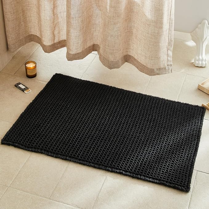 TYUU Black Waffle Bath Mat, Boho Bathroom Rugs Non Slip Washable, 36x24 | Super Absorbent Quick Dry Bath Rug, Non-Slip Backing, Soft Waffle Washable Farmhouse Bathroom Mats, Tub, Shower & Home Decor