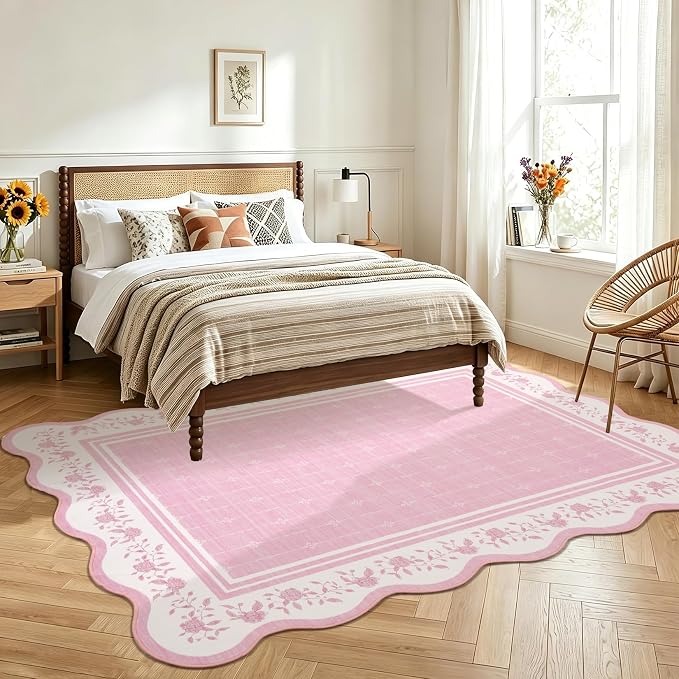 Garvee Scollaped Rugs for Living Room 5x7 Area Rugs for Bedroom Soft Pink | Non-Slip Low Pile Neutral Kids Rug Non-Shedding Bordered Nursery Carpet Foldable Thin Mat for Dining Room Kitchen Playroom