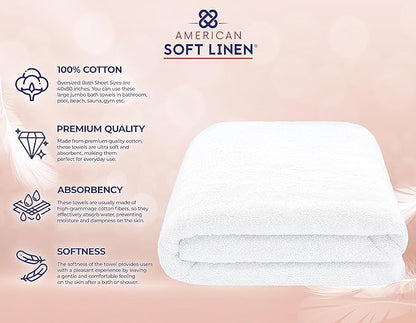 American Soft Linen 100% Cotton 600 GSM Turkish 40x80 Oversized Bath Towel Sheet, Extra Large Adult Towels for Bathroom, White Bath Sheet