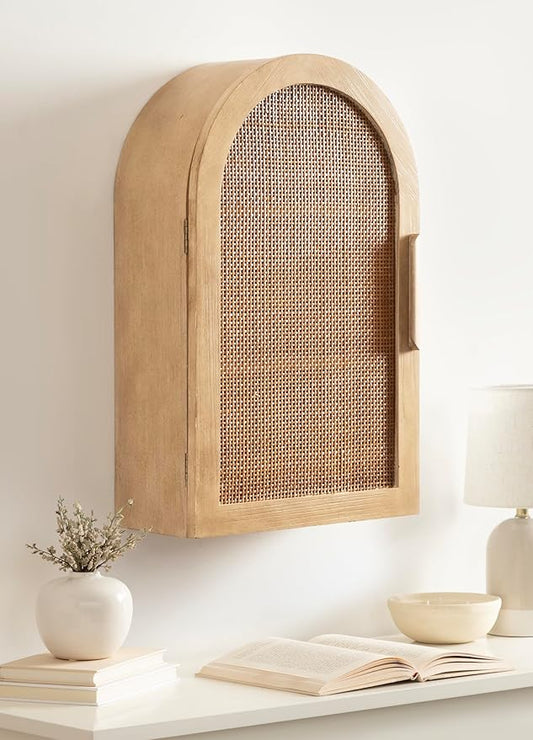 Kate and Laurel Ori Transitional Cane One-Door Arched Wall Cabinet, 15 x 8 x 24, Natural, Decorative Rattan Wall Storage Cabinet with Three Shelves for Entryway or Living Room Decor