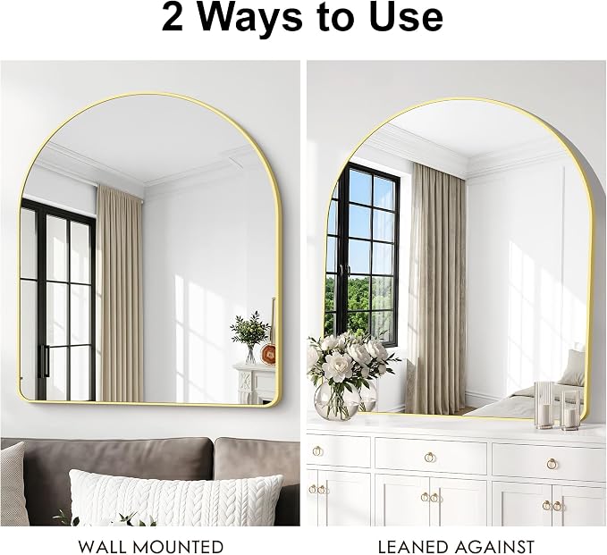 BONEWEI Arched Wall Mirror,36x40 inch Gold Arched Mirror Bathroom,Vanity Mirror for Over Sink Metal Frame,Tempered Glass Arch Mirrors for Bedroom,Entryway,Living Room,Home Decor Shatter-Proof