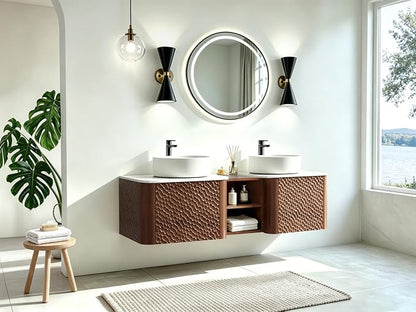 60 Inch Double Vanity with Sink Set, Floating Bathroom Sink Cabinet with Sintered Stone Top&Solid Wood Hammered Frame, Double Bathroom Vanities w/Soft-Close Drawers&1 Side Open Cube