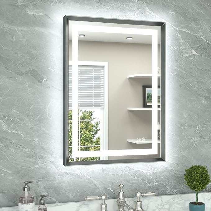 22 x 30 Bathroom LED Mirror Brushed Gunmetal Gray/Off‑Black Metal Frame Frontlit & Backlit Vanity Mirror Anti-Fog Stepless Dimmable 3 Colors White/Warm/Natural Mirror with Lights Wall-Mounted