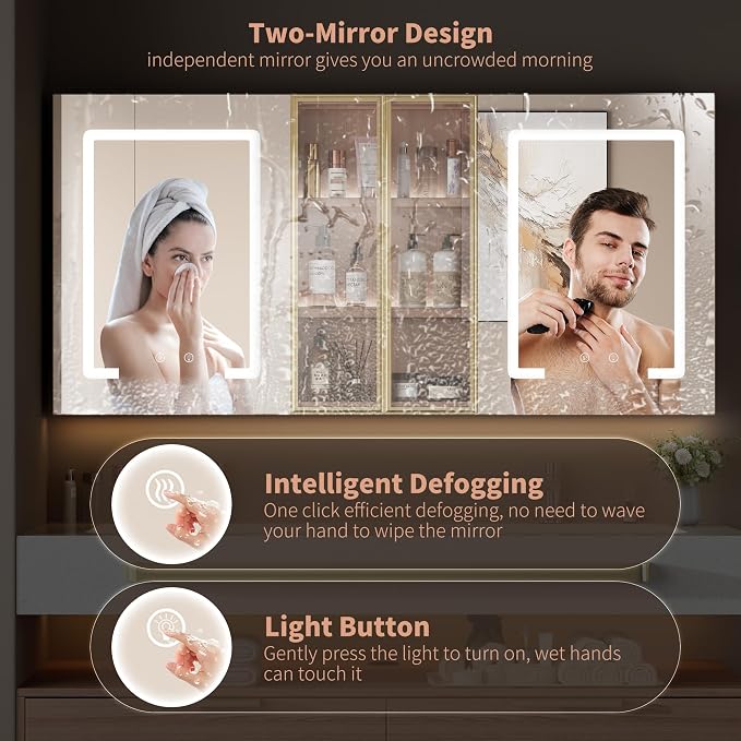Bathroom Vanity with Sink, 88 inch Double Sink Bathroom Medicine Cabinet with Mirror Defogger, Wall Mounted Touch Dimming Floating Vanity Bathroom Storage
