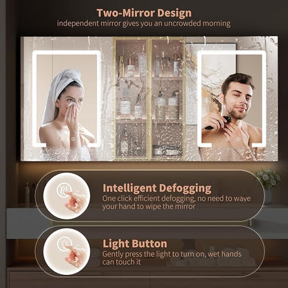 Bathroom Vanity with Sink, 88 inch Double Sink Bathroom Medicine Cabinet with Mirror Defogger, Wall Mounted Touch Dimming Floating Vanity Bathroom Storage