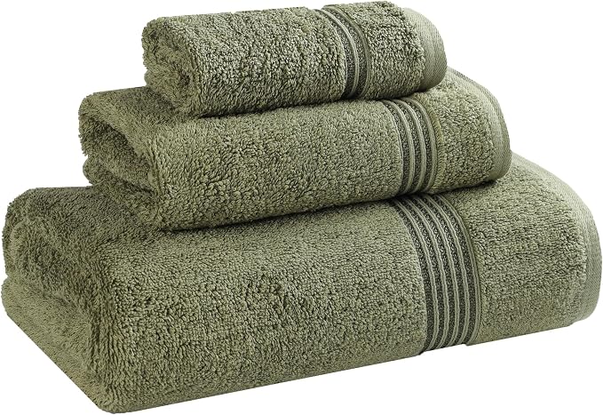 Superior Egyptian Cotton 3-Piece Towel Set, Assorted Towels, Home Bathroom, Master, Guest Bath, Decor Essentials, Includes 1 Bath, 1 Hand, 1 Face Towel/Washcloth, Quick Dry, Absorbent, Forest Green