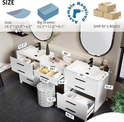 eclife 84" Bathroom Vanity Sink Combo, Modern Painted Vanities Storage Cabinet with 24" Mid Makeup Vanity Desk, 30" Dual White Basins, Faucets & Drains, White