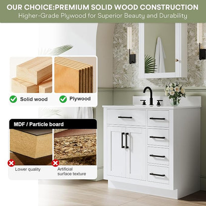 36-Inch Bathroom Vanity with Sink W/ 2 Doors & 4 Drawers & 1 Flip Drawer, White Vanity W/Matte Black Handles