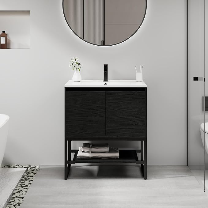 LUCKWIND 30" Modern Bathroom Vanity with Single White Sink Combo, Freestanding Storage Cabinet with Metal Frame, Matte Black Faucet and Open Shelf and 2 Soft-Closing Door, Black