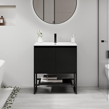 LUCKWIND 30" Modern Bathroom Vanity with Single White Sink Combo, Freestanding Storage Cabinet with Metal Frame, Matte Black Faucet and Open Shelf and 2 Soft-Closing Door, Black