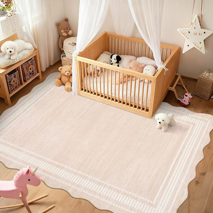 GarveeHome Washable Scalloped Rug 9x12 Rugs for Living Room Stain Resistant 9x12 Area Rugs for Bedroom, Non Slip Solid Printed Large Rug for Under Table Farmhouse Nursery Home Office Dorm, Beige