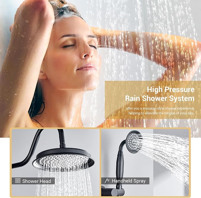 DASAN Rain Shower System Antique Shower Faucet Complete Sets, Shower Fixtures Combo with Pressure Balance Valve, Trim Kit, 9’’ Rainfall Overhead Shower & Handheld, Color Matte Black AT209W-MB