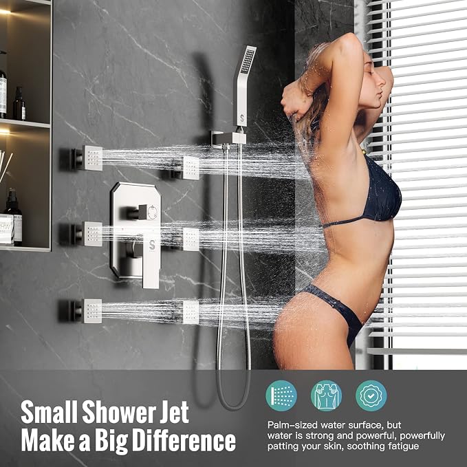 Waist Massage Spray Shower System with 6 Body Jets, 12'' Rain Shower System with Jets and Handheld Shower Faucet Set with Rough-in Valve, Wall Mounted Shower Fixture Set for Bathroom, Brushed Nickel