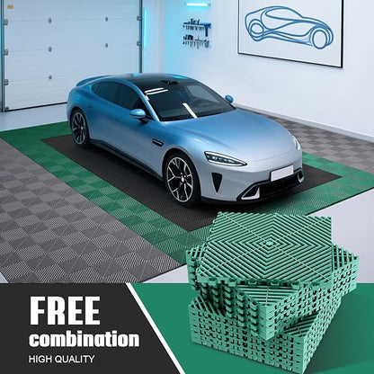 12-Pcs Interlocking Tile, 12" x 12" Indoor/Outdoor Self-Drainage Interlocking Floor Tiles, Non-Slip Heavy-Duty Polypropylene Splicing Flooring Tile for Garage Patio Pool Bathroom, Green