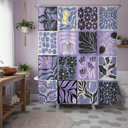 JAWO Retro Shower Curtain Vintage Abstract Boho Floral Shower Curtains for Bathroom Decor Purple Yellow Botanical Geometric Groovy Aesthetic Pattern Shower Curtain Sets with Hooks, 70X75IN