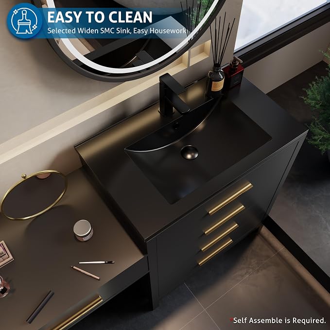 eclife 84" Bathroom Vanity Sink Combo, Modern Painted Vanities Storage Cabinet with 24" Mid Makeup Vanity Desk, 30" Dual Black Basins, Faucets & Drains, Black