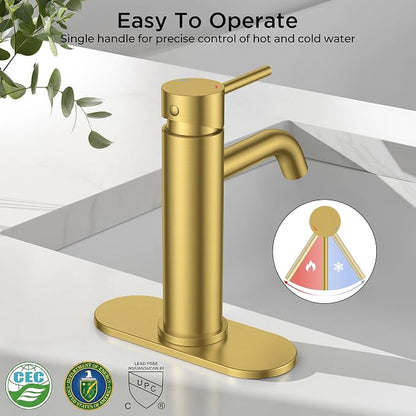 FORIOUS Bathroom Faucet 1 Hole, Single Handle Sink Faucets Brushed Gold | for 1 or 3 Hole 4 Inch Centerset Sink, with Pop-up Drain, NSF61 Certified, for Vanity Rv Commercial Lavatory Restroom Basin