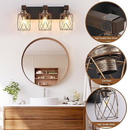 3-Light Black Gold Farmhouse Vanity Light, Wood & Metal Cage Shade | Mounted Over Mirror, Industrial Rustic Style, Ideal for Bathroom, Bedroom, Hallway & Living Room, Easy To Install