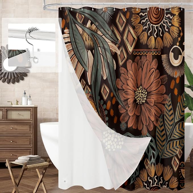 3 in 1 Dark Floral Shower Curtain Set with PEVA Liner & 12 Hooks, 72 x 78 | Boho Tropical Botanical Style, Farmhouse Floral Fabric, Modern Hotel Inspired, Water‑Repellent, Machine Washable