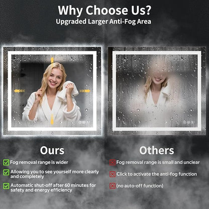 36"x40" LED Bathroom Mirror with Lights, Backlit+Frontlit, Anti-Fog | CRI 95, Stepless Dimmable, 3 Colors Lighting, Shatterproof Tempered Glass, HD Reflection, Memory, (Horizontal/Vertical)