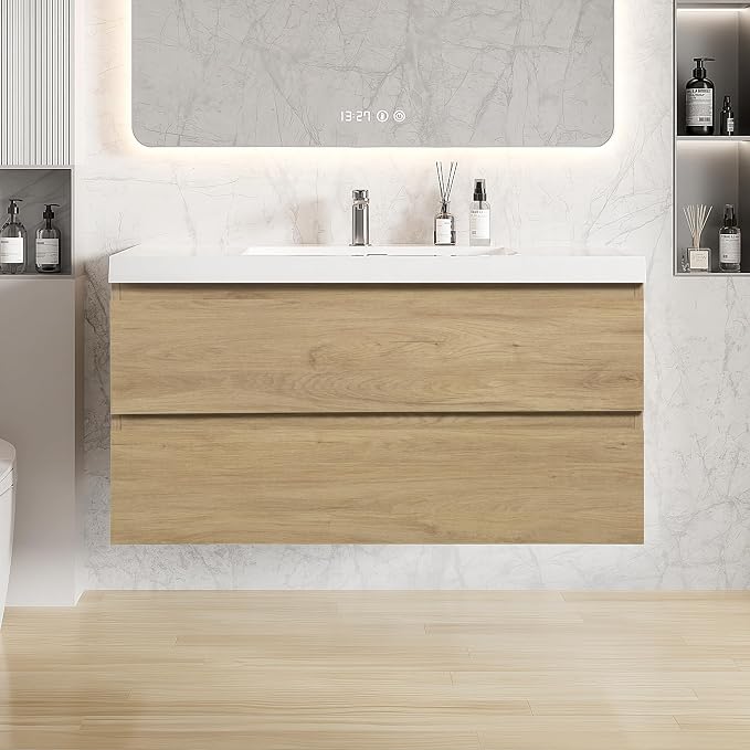 42 Inch Floating Bathroom Vanity with Sink, Wall Mounted Floating Vanity | Large Storage with 2 Soft Close Drawers, One-Piece Basin Bathroom Sink Cabinet, Natural Oak, Pre assembled