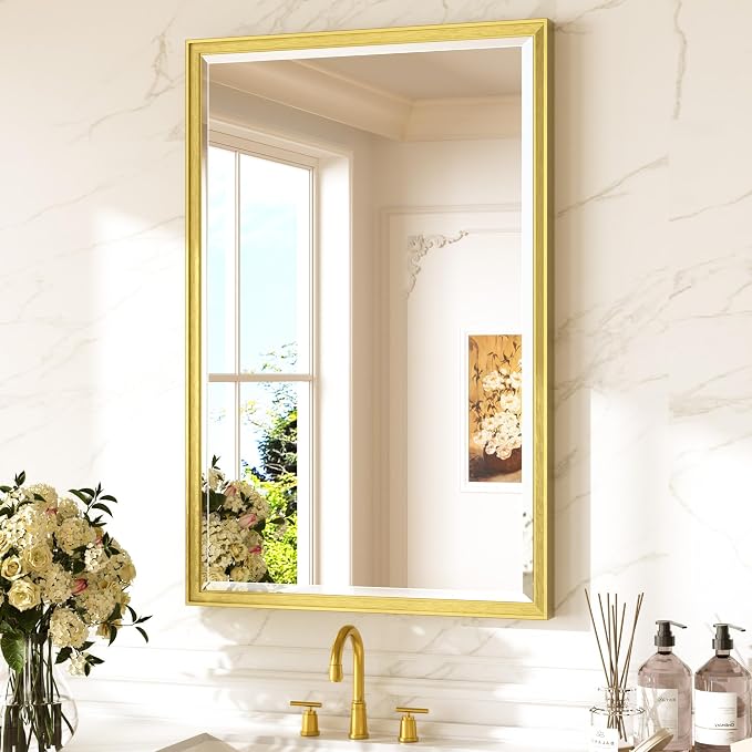 Keonjinn Brushed Gold Bathroom Mirror 24" x 36", Safe HD Tempered Glass | Aluminum Alloy Frame, Rustproof, Effortless French Cleat Installation, Transitional Style, Gold Vanity Mirrors for Over Sink