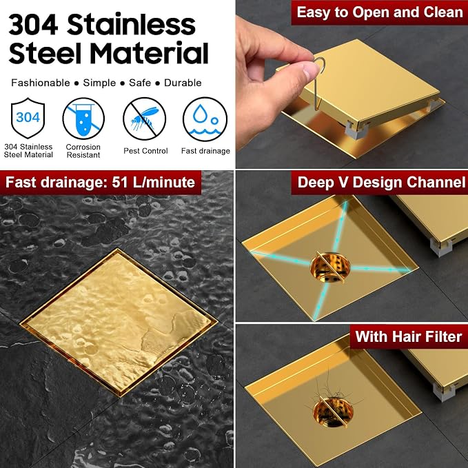 DLONE® Shower Drain | 6 Inch Brushed Gold with Tile Insert Panel | Square Shower Drain, with Hair Catcher, Shower Floor Drain Fits Bathroom & Balcony etc