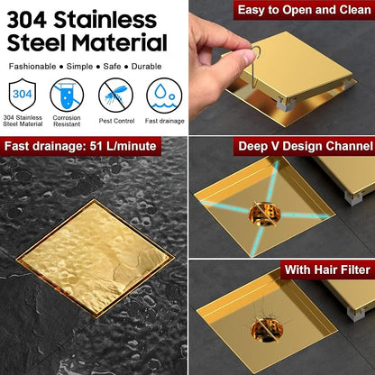 DLONE® Shower Drain | 6 Inch Brushed Gold with Tile Insert Panel | Square Shower Drain, with Hair Catcher, Shower Floor Drain Fits Bathroom & Balcony etc