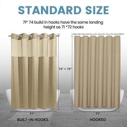 EUTXL Heavyweight Beige No Hook Shower Curtain with Snap in Liner,256GSM Waffle Weave Shower Curtains for Bathroom,71W x 74H