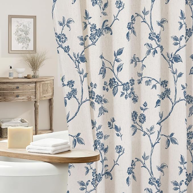 MitoVilla Long Linen Floral Shower Curtain for Bathroom,72 x 78 | Long Cottagecore Spring Shower Curtains for Bathroom, Modern Farmhouse Country Plant Leaves Bathroom Décor, 72 x 78