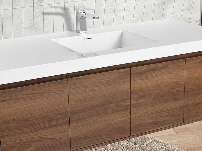 Blossom 60 Inch Bathroom Vanity with Sink, Wall Mounted Floating Bathroom Vanity Cabinet with Acrylic Sink, All Wood Soft Close Doors and Storage, Space Saving Design, Brown Walnut Finish