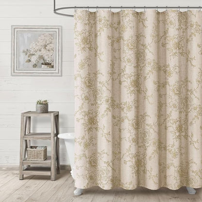 Farmhouse Floral Linen Shower Curtain, Vintage Beige Pattern Rustic Shower Curtains for Bathroom, Tan Taupe,72x90