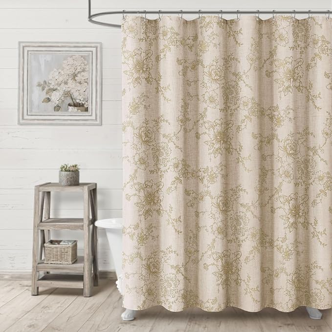 Farmhouse Floral Linen Shower Curtain, Vintage Beige Pattern Rustic Shower Curtains for Bathroom, Tan Taupe,72x96
