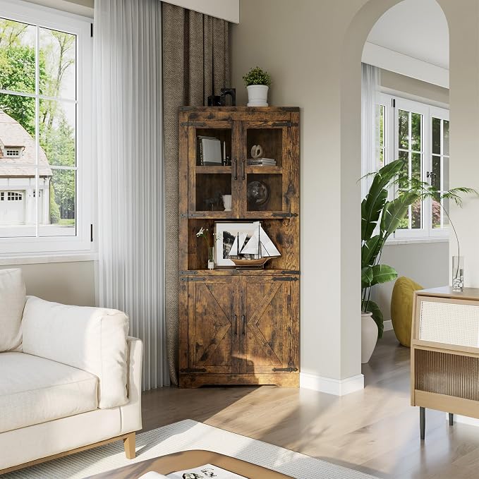 GarveeHome 67" Tall Corner Storage Cabinet, Farmhouse Corner Hutch Display Cabinet with Glass Doors, Wooden Storage Organizer for Kitchen, Living Room, Bathroom, Brown