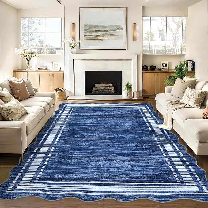 Garvee Scallop Area Rug 5x7 Washable Rugs for Bedroom Neutral Rug Navy Blue | Rugs for Living Room, Non-Slip Soft Carpet for Bedroom, Scalloped Low-Pile Solid Rug Accent Rug for Dining Room Home Office