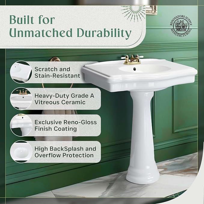 Renovators Supply Manufacturing Darbyshire 34"W x 22.5" D x 32" H Large Bathroom Pedestal Sink. Vitreous China with Overflow, 4 in. Centerset Faucets