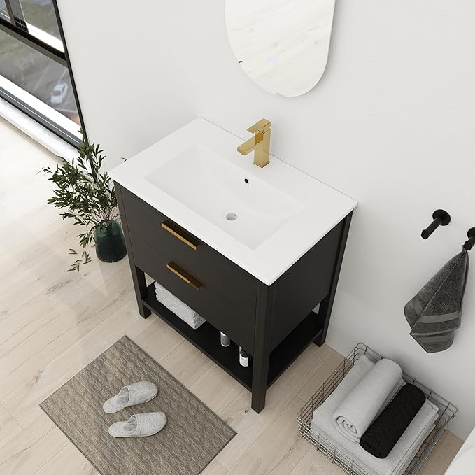 30'' Freestanding Bathroom Vanity, 30 Inch Floor Stand Bathroom Vanity with Sink, Single Ceramic Sink Cabinet Set, Modern Storage Cabinet, with Soft Closing Drawers, Storage Shelf, 01030BCTG