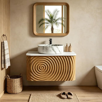 24" Floating Bathroom Vanity with Sink, Mid-Century Wall Mounted Bathroom Vanity Cabinet with Waved Decor, Marble Ceramic Basin, Sintered Stone Top, Soft Close Storage Drawer, Natural