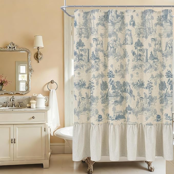 ORTIGIA Ruffle Linen Shower Curtain with Metal Hooks 72x72 Inch, Blue and White Toile de Jouy for Vintage French Country Waterproof Bathroom Decor Chateau Toile Pattern