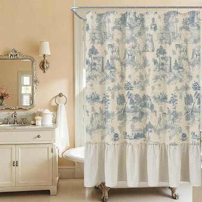 ORTIGIA Ruffle Linen Shower Curtain with Metal Hooks 72x72 Inch, Blue and White Toile de Jouy for Vintage French Country Waterproof Bathroom Decor Chateau Toile Pattern
