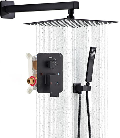 Shower Faucet Set, Matte Black Rainfall Shower System Complete Wall Mounted for Bathroom with 8 Inch Square Shower Head and Handheld Shower Head Rain Mixer Combo Set