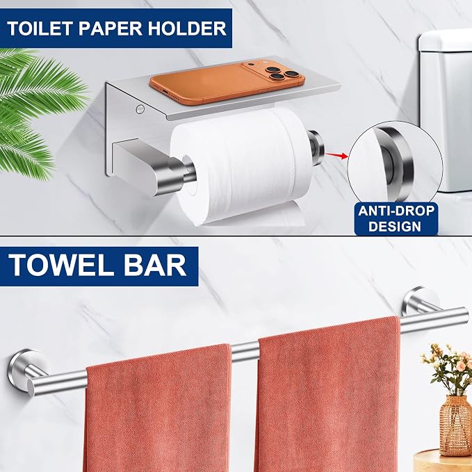 5 Pieces Bathroom Hardware Accessories Set Brushed Nickel, 24Inch Round Towel Racks Set for Bathroom, SUS304 Stainless Steel Towel Bar Set,Toilet Paper Holder with Shelf Wall Mounted