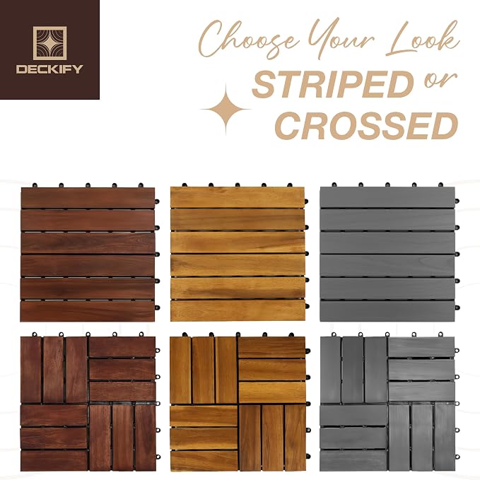 9-Piece Acacia Wood Interlocking Deck Tiles, Golden Teak Crossed | 12-Slat Cross Drainage, Non-Slip Grip, 490 lb Capacity, Protective Oil-Rubbed Finish, Flat-Surface Install, Patio Ready