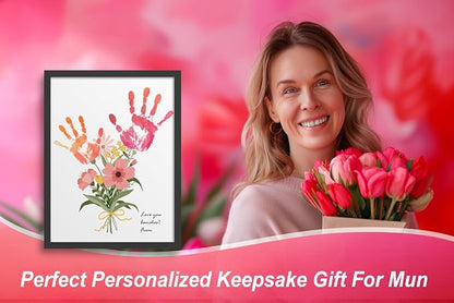 TwoDays Flower Bouquet Handprint Art Craft DIY Kit, Unique Gifts for Mom from Daughter or Son for Mother's Day Birthday Christmas, Gift for Grandma. (Floral-1, Black)