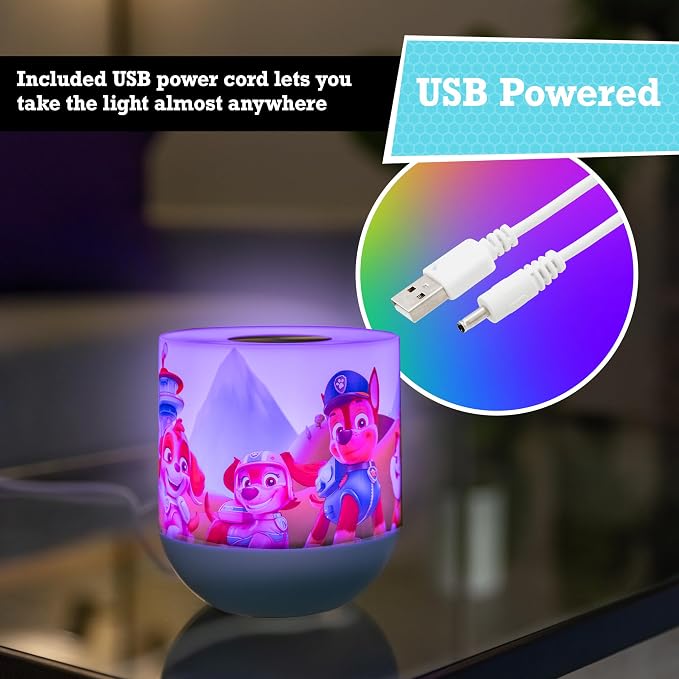 Lights By Night PAW Patrol Color Changing Kids Bedside Lamp, Touch Control | Night Light for Kids, 12 Color Modes and Dimmable Warm White Light for Kids Room, Nursery, and Bedroom, USB Powered