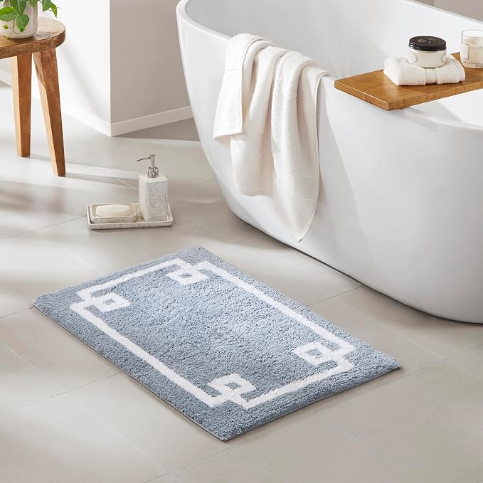Madison Park Evan 100% Cotton Bath Rug Plush Absorbent, 20" x 30", Blue | Non-slip Backing, OEKO TEX, Luxurious Tufted Plush Bath Mat for Bathroom, Quick Dry, Spa Design Decorative for Shower Room