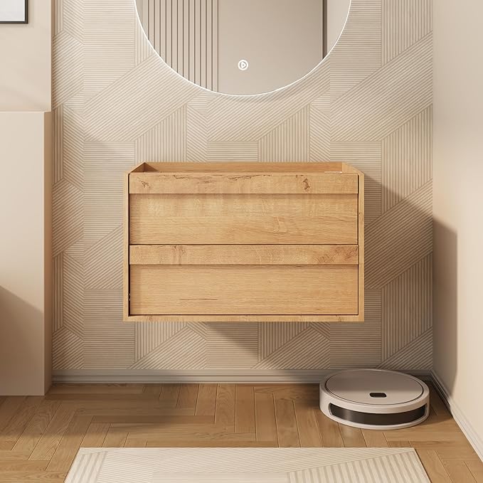 eclife 30" Floating Bathroom Vanity Sink Combo, Wall Mounted Modern Minimalist Storage Cabinet with 2 Drawers, Exclude Sink, Faucet & Drain, Natural